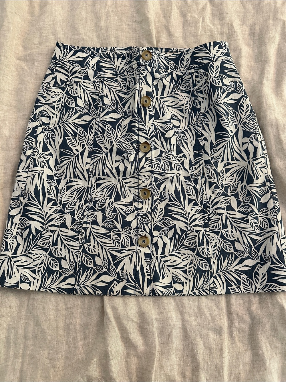 LOFT Navy and White Leaf-Print Button Front Mini Skirt